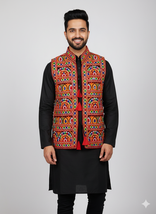 Traditional Kutchi Embroidered Mirror Work Navratri Koti – Festival Jacket for Men