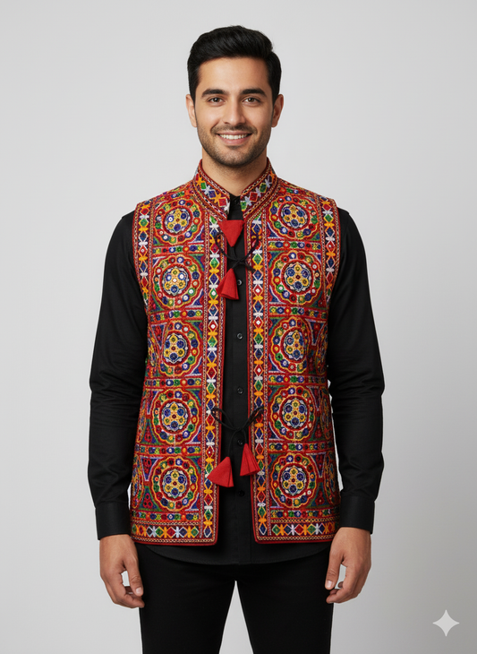 Kutchi Festival Embroidered Jacket – Mirror Work Navratri Koti for Men