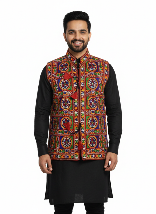Handcrafted Gujarati Mirror Work Jacket – Men’s Navratri & Wedding Koti