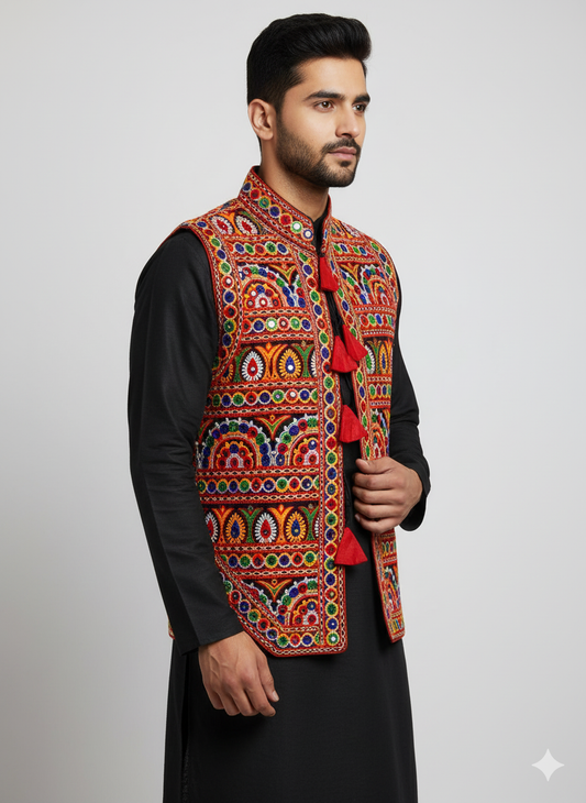 Men’s Traditional Mirror Work Navratri Koti – Gujarati Embroidered Festival Jacket