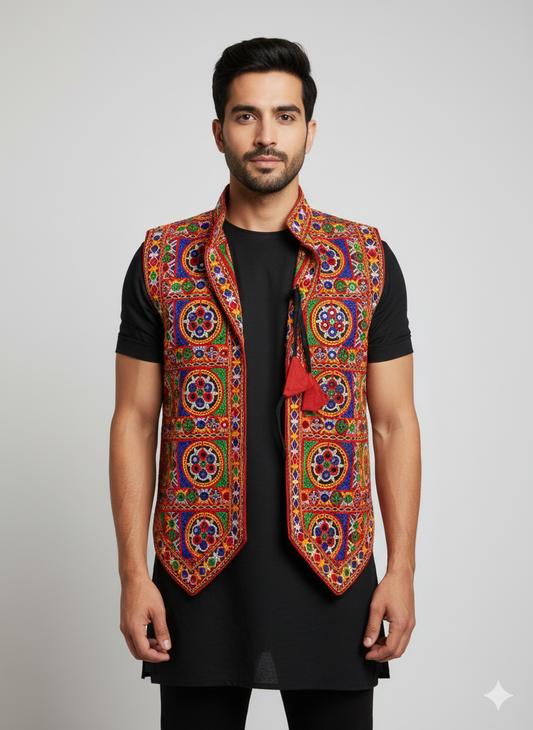 Embroidered Gujarati Kutchi Jacket – Men’s Navratri & Festival Mirror Work Koti