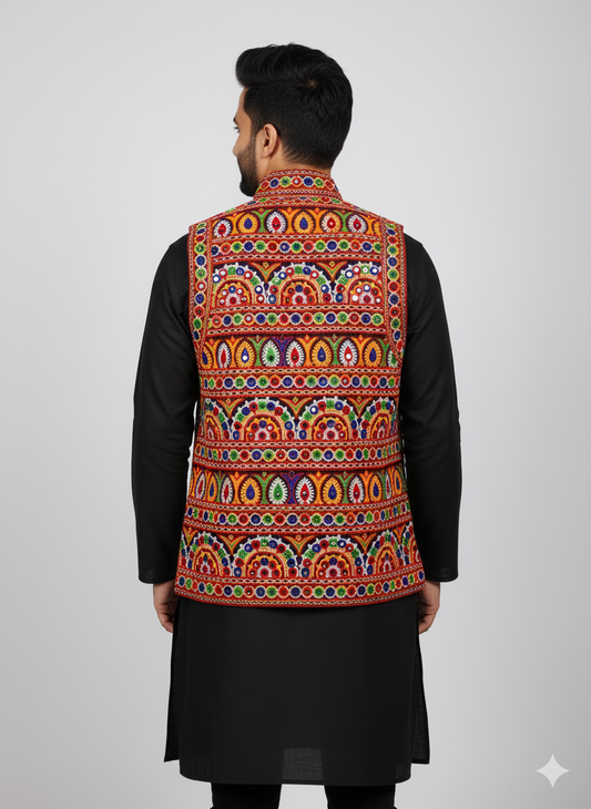 Traditional Kutchi Embroidered Mirror Work Navratri Koti – Festival Jacket for Men
