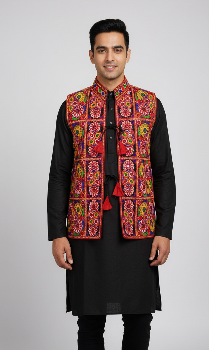 Gujarati Navratri Special Mirror Work Koti – Embroidered Jacket for Men’s Festive Wear