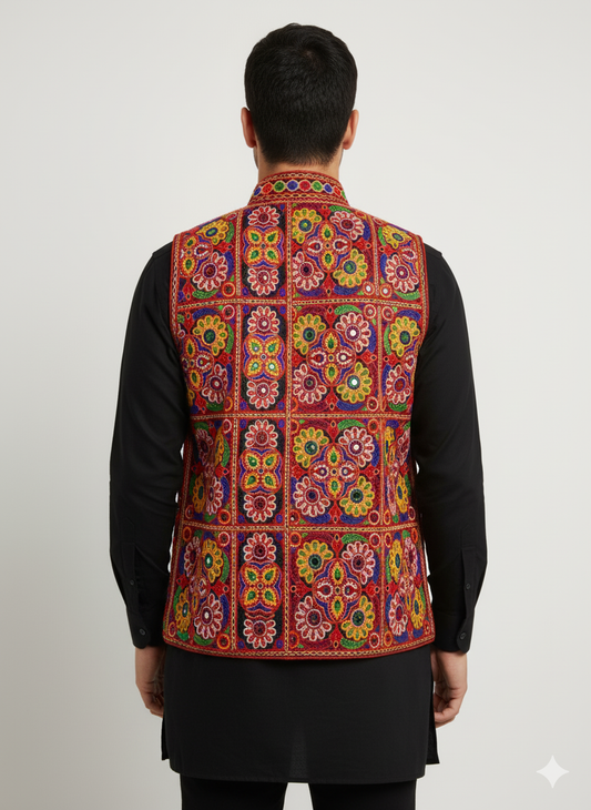 Gujarati Navratri Special Mirror Work Koti – Embroidered Jacket for Men’s Festive Wear