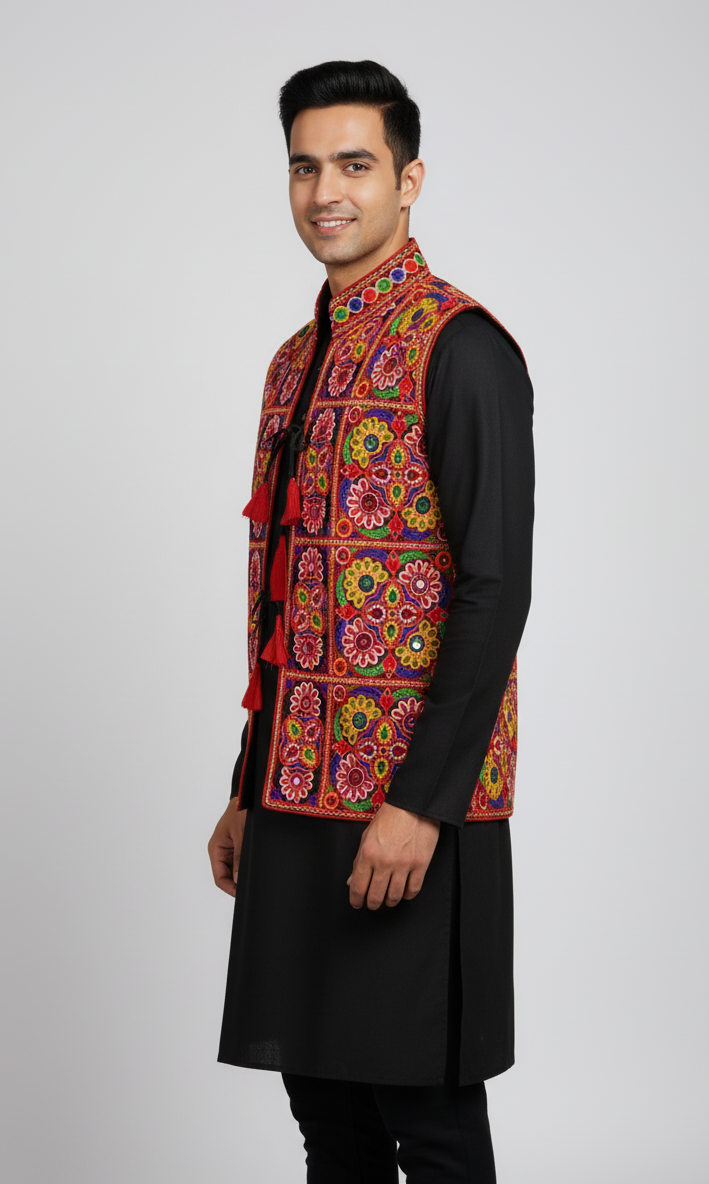 Gujarati Navratri Special Mirror Work Koti – Embroidered Jacket for Men’s Festive Wear