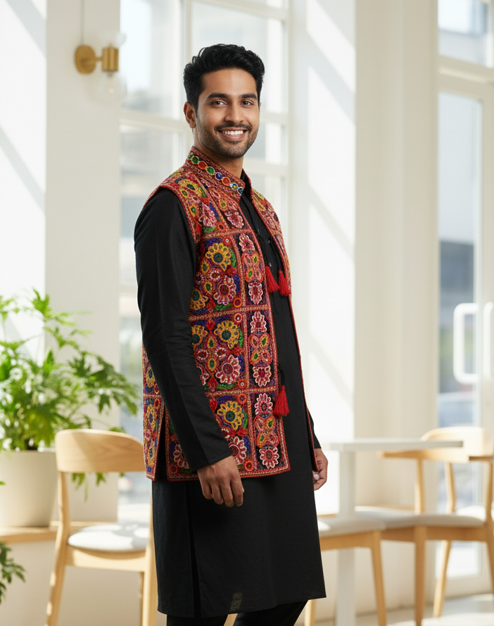 Gujarati Navratri Special Mirror Work Koti – Embroidered Jacket for Men’s Festive Wear