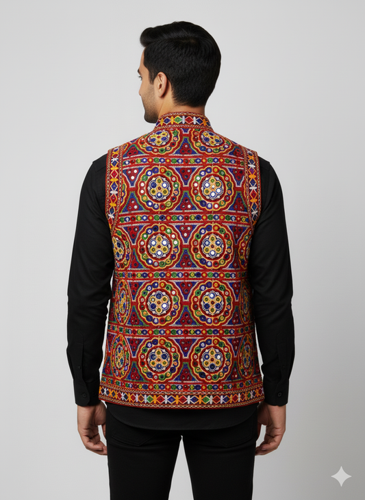 Kutchi Festival Embroidered Jacket – Mirror Work Navratri Koti for Men