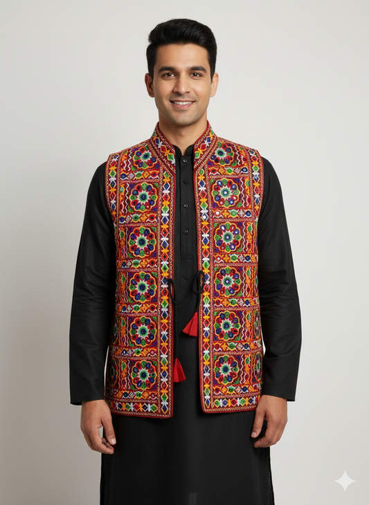 Men’s Navratri Mirror Embroidered Kutchi Koti – Traditional Festival Jacket