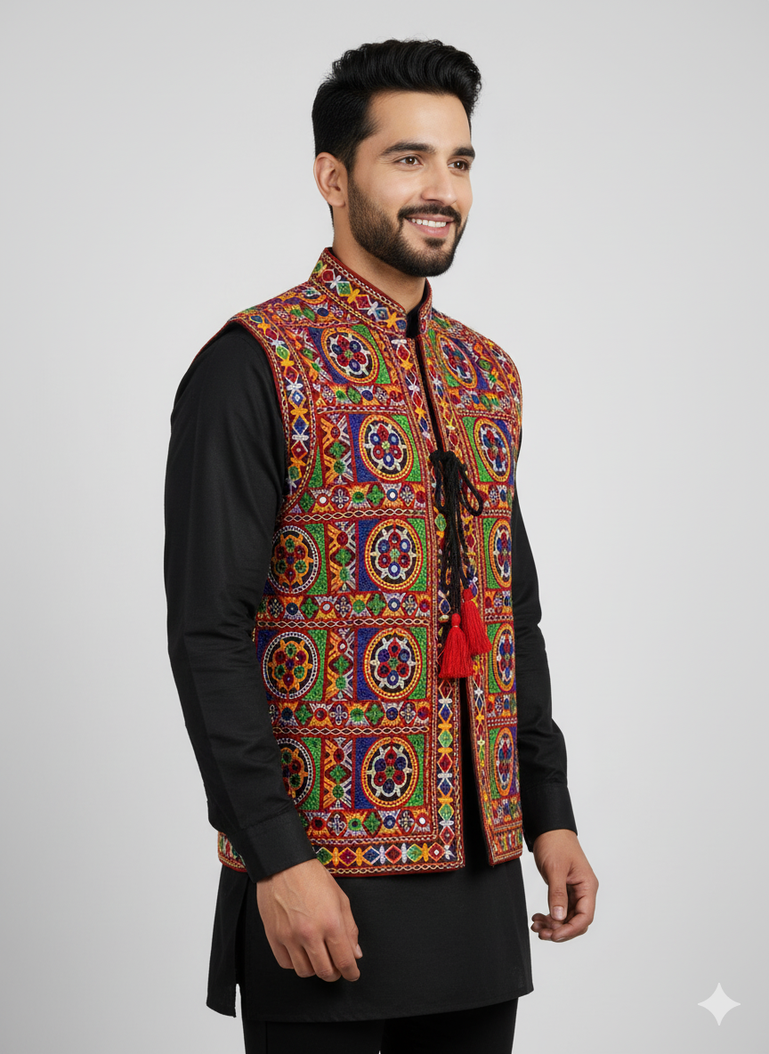 Handcrafted Gujarati Mirror Work Jacket – Men’s Navratri & Wedding Koti