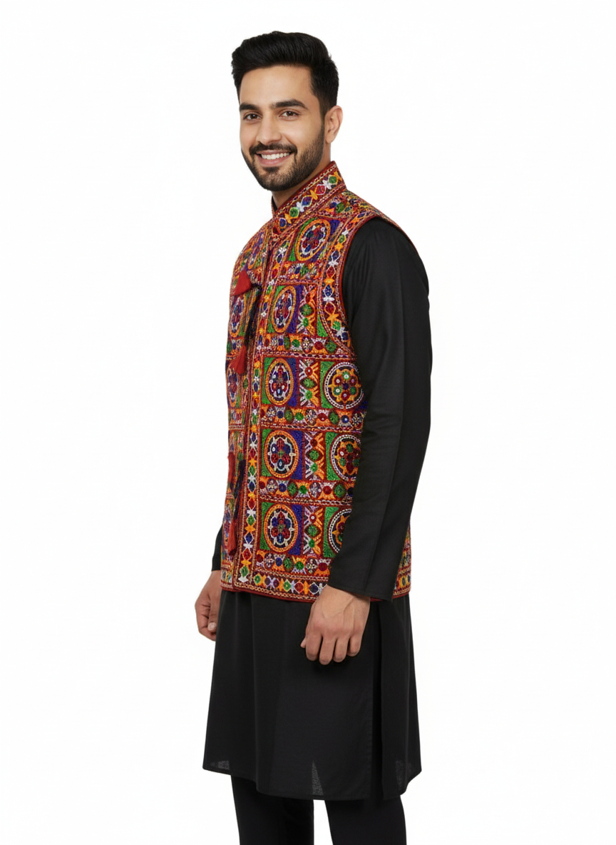 Handcrafted Gujarati Mirror Work Jacket – Men’s Navratri & Wedding Koti