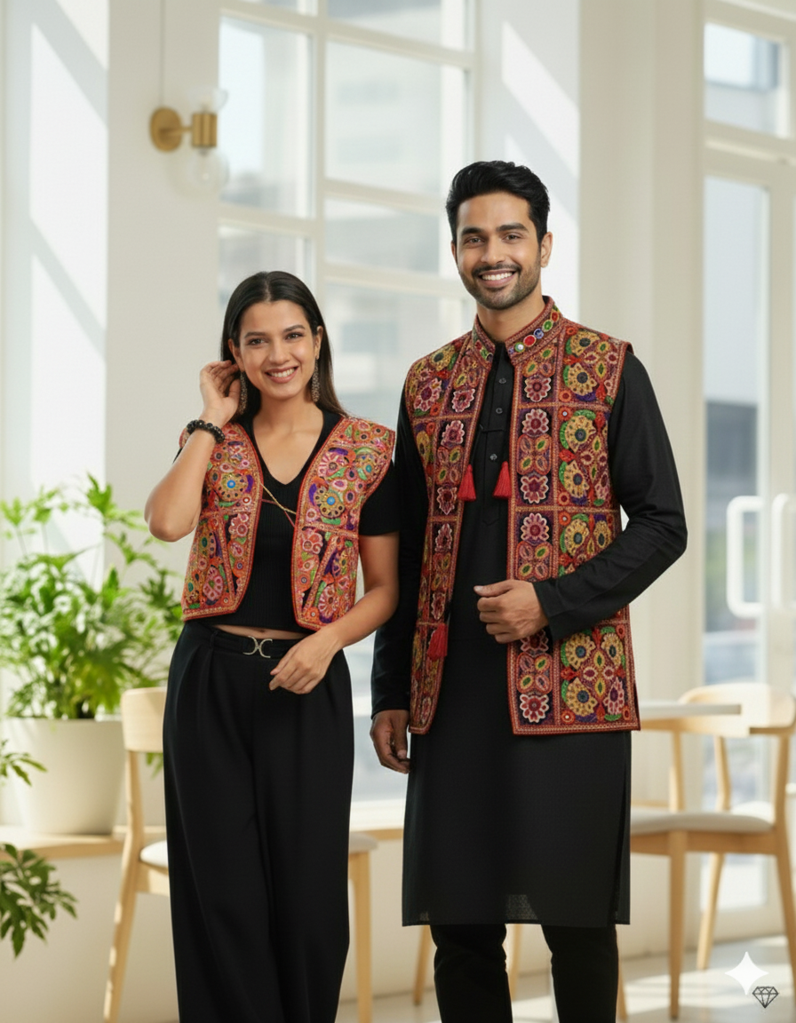 Colorful Kutchi Embroidery Mirror Jacket For Couple – Navratri Special Garba Wear