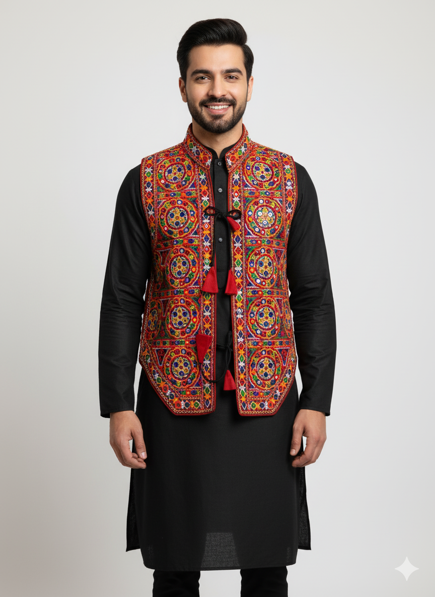 Embroidered Gujarati Kutchi Jacket – Men’s Navratri & Festival Mirror Work Koti
