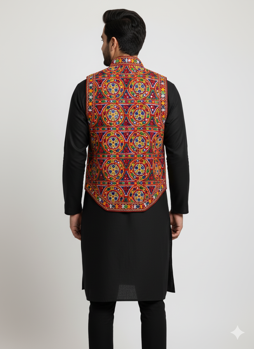 Embroidered Gujarati Kutchi Jacket – Men’s Navratri & Festival Mirror Work Koti
