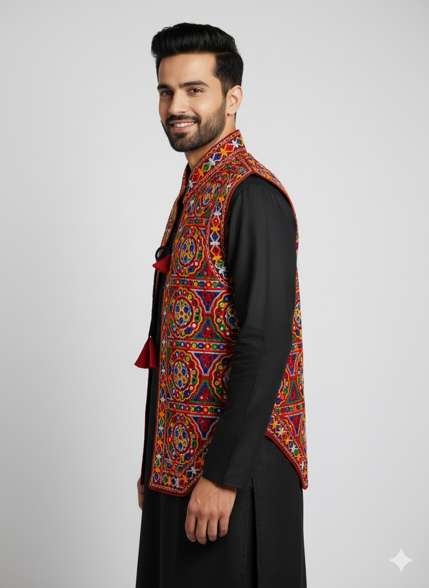 Embroidered Gujarati Kutchi Jacket – Men’s Navratri & Festival Mirror Work Koti