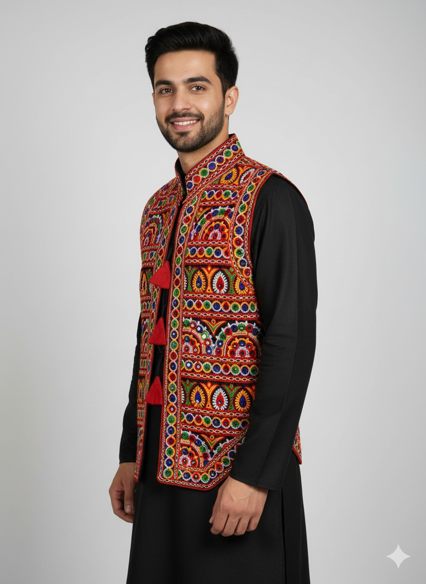 Men’s Traditional Mirror Work Navratri Koti – Gujarati Embroidered Festival Jacket