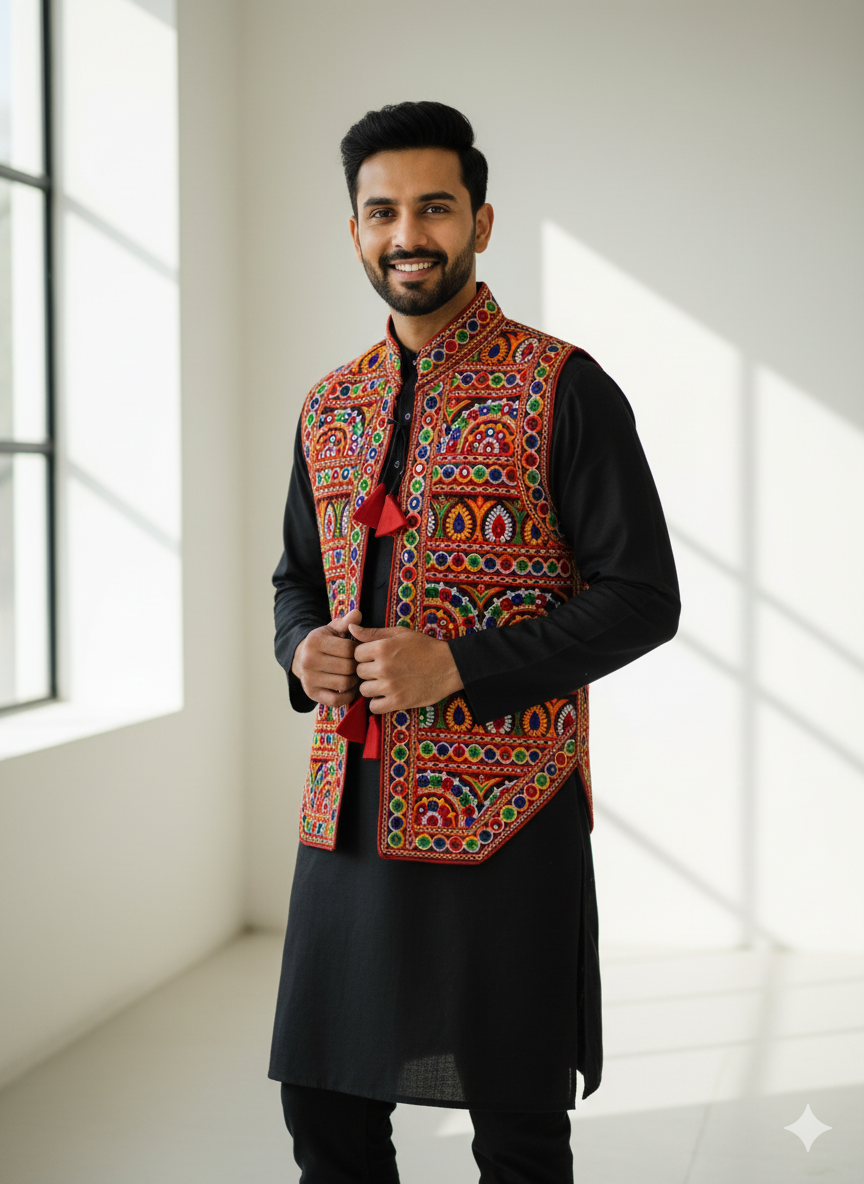 Men’s Traditional Mirror Work Navratri Koti – Gujarati Embroidered Festival Jacket