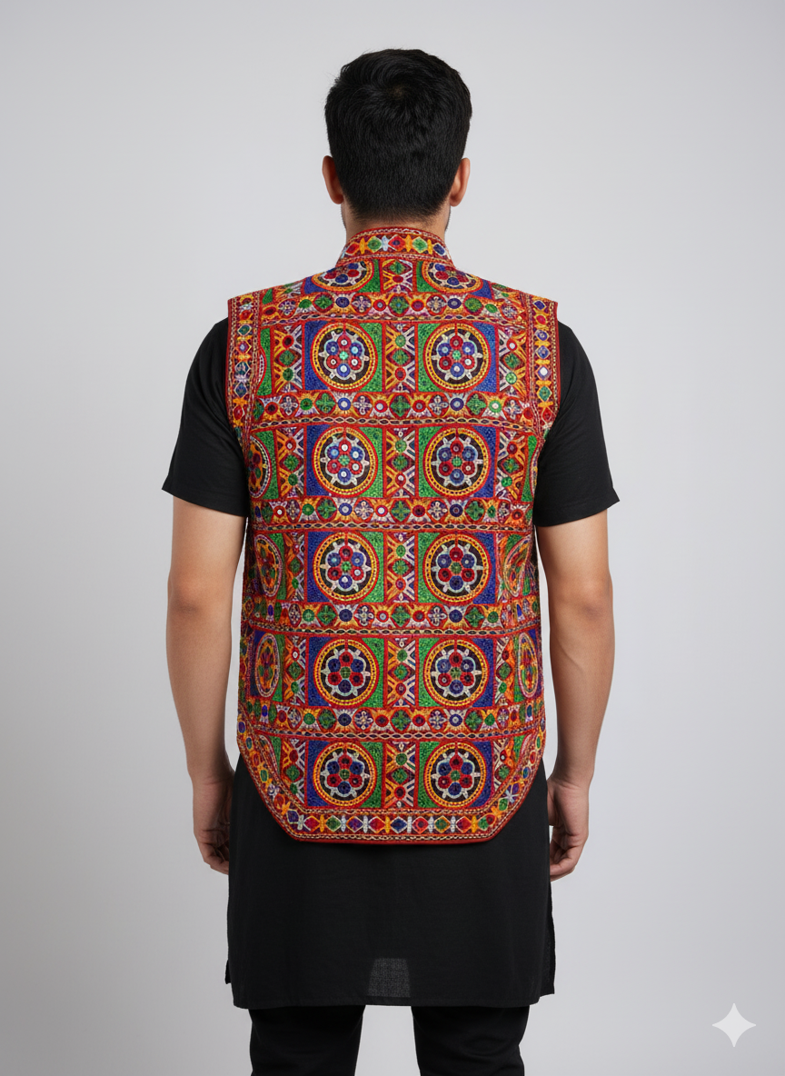 Embroidered Gujarati Kutchi Jacket – Men’s Navratri & Festival Mirror Work Koti