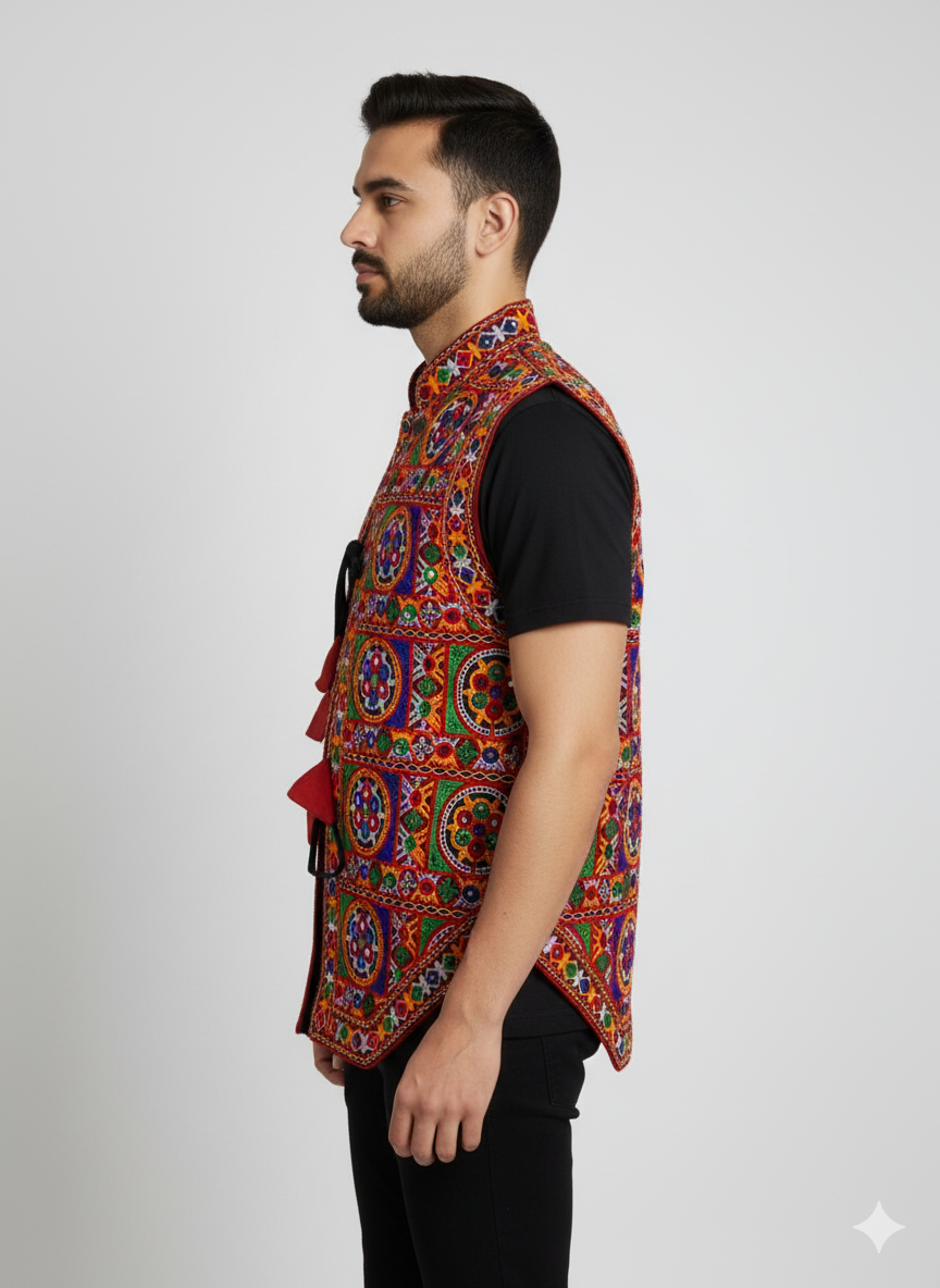 Embroidered Gujarati Kutchi Jacket – Men’s Navratri & Festival Mirror Work Koti