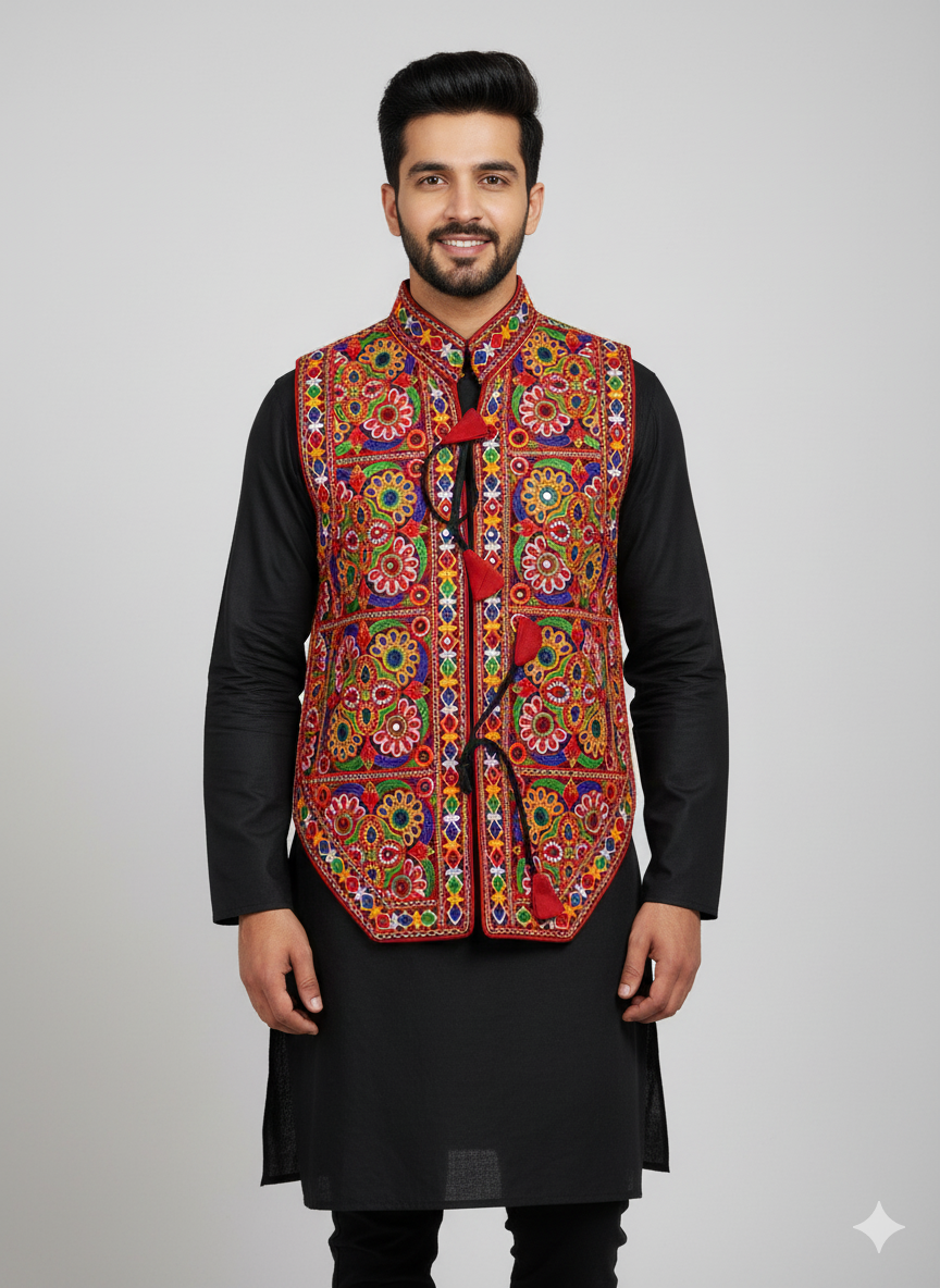 Gujarati Kutchi Mirror Work Festival Koti – Men’s Embroidered Jacket for Navratri