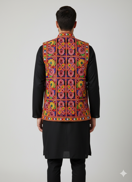 Gujarati Kutchi Mirror Work Festival Koti – Men’s Embroidered Jacket for Navratri