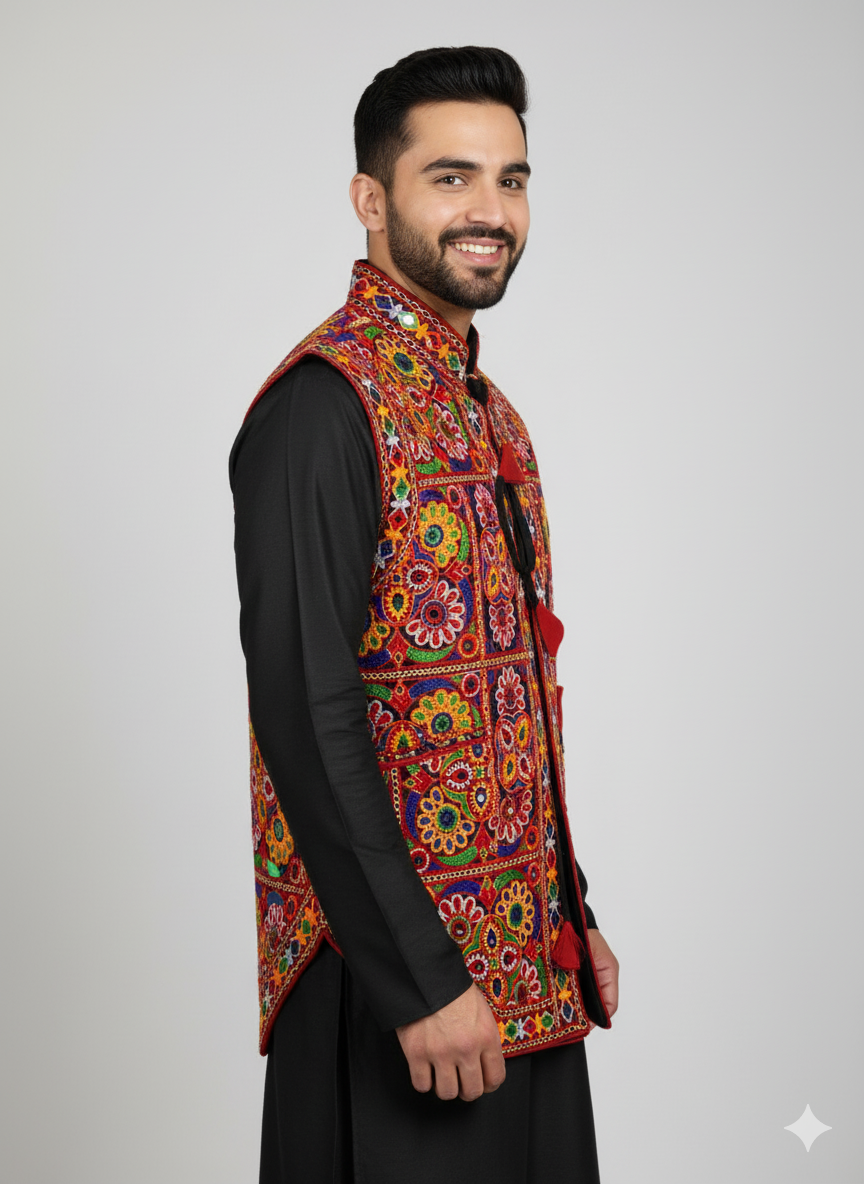 Gujarati Kutchi Mirror Work Festival Koti – Men’s Embroidered Jacket for Navratri