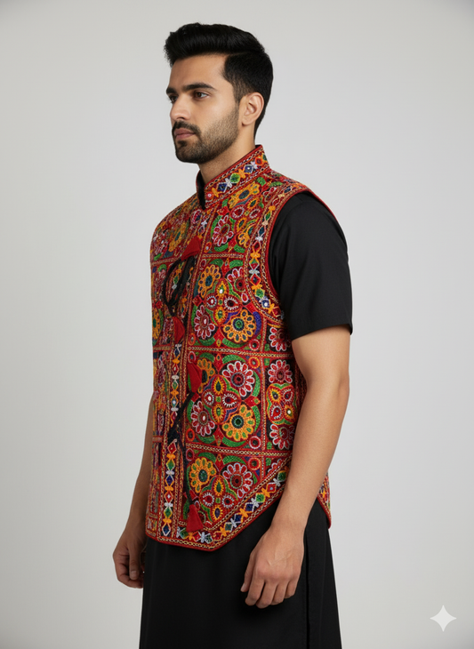 Gujarati Kutchi Mirror Work Festival Koti – Men’s Embroidered Jacket for Navratri
