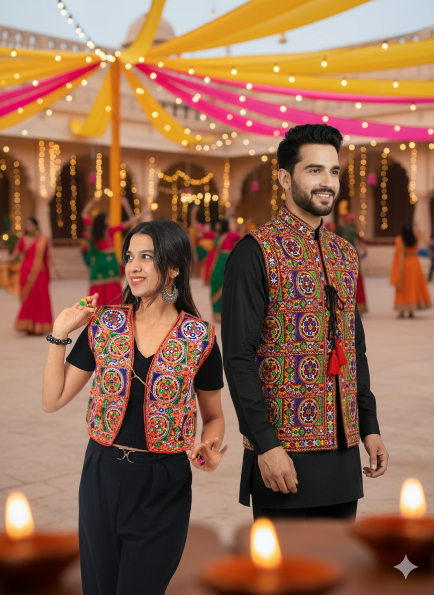 Couple's Navratri Mirror Embroidered Kutchi Koti – Traditional Festival Jacket